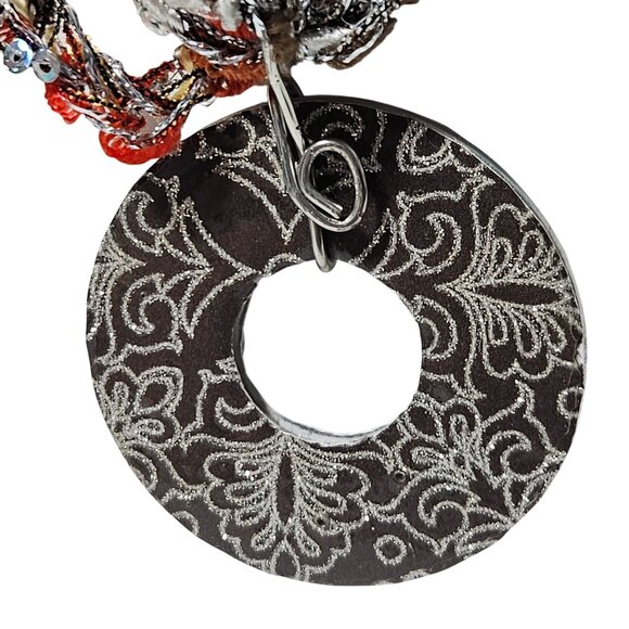 Boho Chunky Seed Beaded Necklace Engraved Donut Pendant Multi Strand Jewelry - Picture 2 of 7